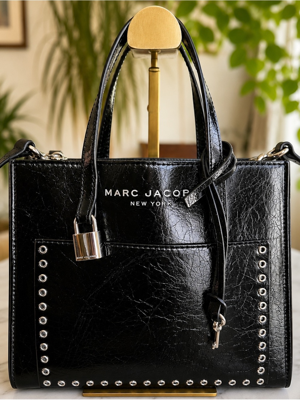 Marc Jacobs Shiny Crinkle Leather Mini Tote Crossbody Padlock Black NWOT